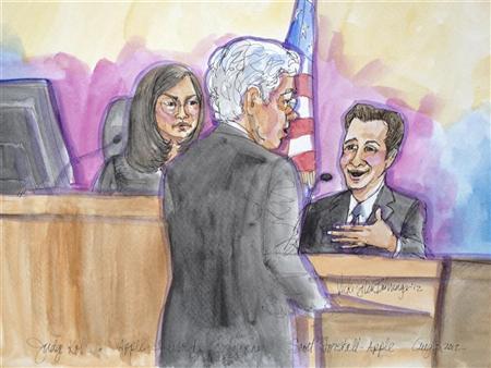 Apple attorney McElhinny is shown direct-examining Apple software chief Forstall in the witness stand as U.S. District Judge Koh looks on, in this court sketch in San Jose