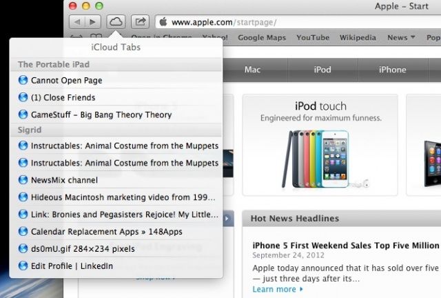 iCloud Tabs on Mac OS X Mountain Lion Safari
