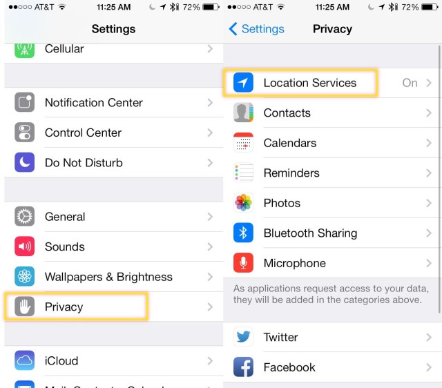 Settings Location Services