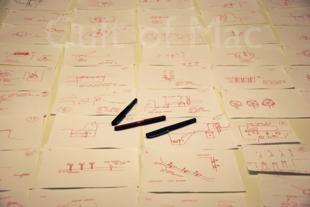 The game's intricate levels sketched out on paper.