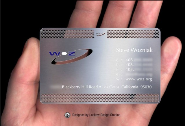 WOZ_Metal_business_card Woz uses his famous metal business card to cut steaks on airplanes. Photo: Luckow Designs.