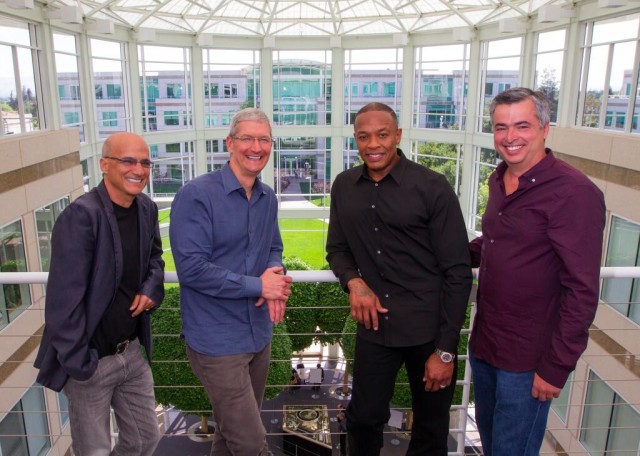 Beats Music's Jimmy Iovine, Tim Cook, Dr. Dre, and Eddy Cue at Apple HQ
