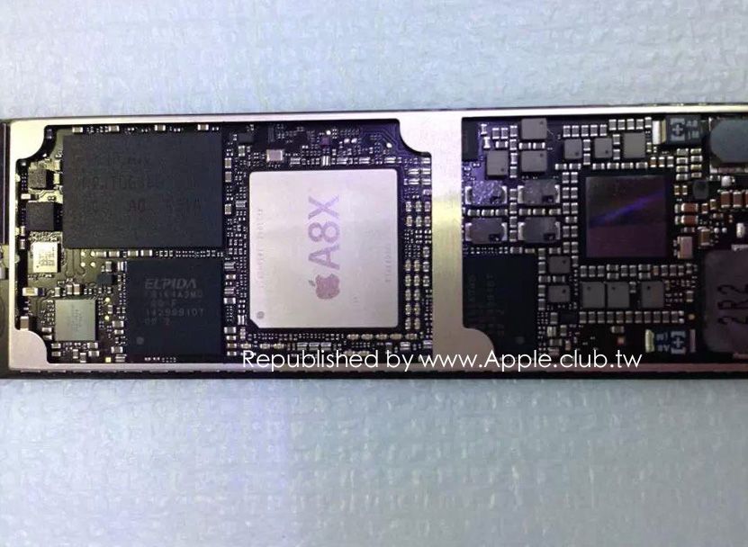 The 2nd gen iPad Air's A8X chip and logic board. Photo: Apple.Club.tw
