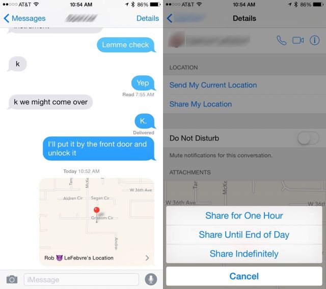 Easily share your location in two different ways in iOS 8. Screenshot: Rob LeFebvre/Cult of Mac