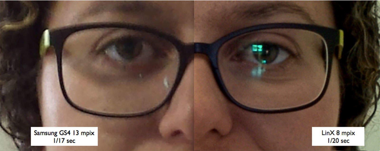 This enlarged portrait shows a difference in quality from the iPhone 5s, left, and a dual-camera system created by LinX Imaging.