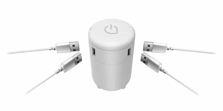 This charger is compatible with more than 150 countries' outlet formats, each available with a twist of the hub.
