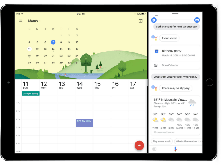 Google Assistant now runs on iPad, including side-by-side with Google Calendar.