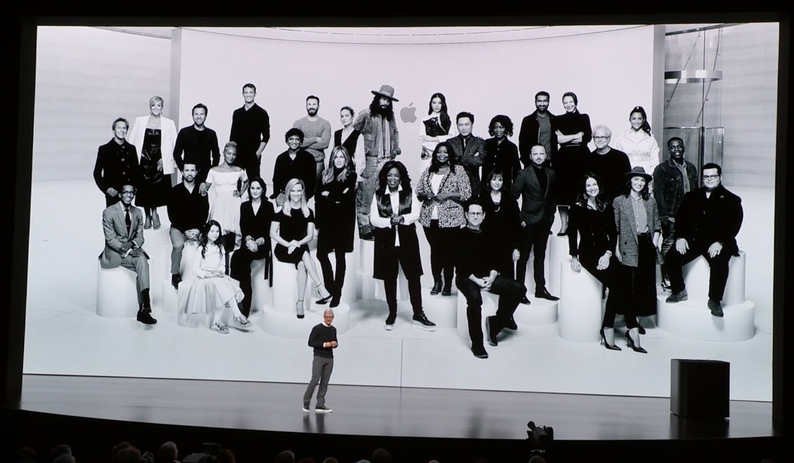 CEO Tim Cook before a picture of actors, directors, and producers of Apple TV+ original shows.