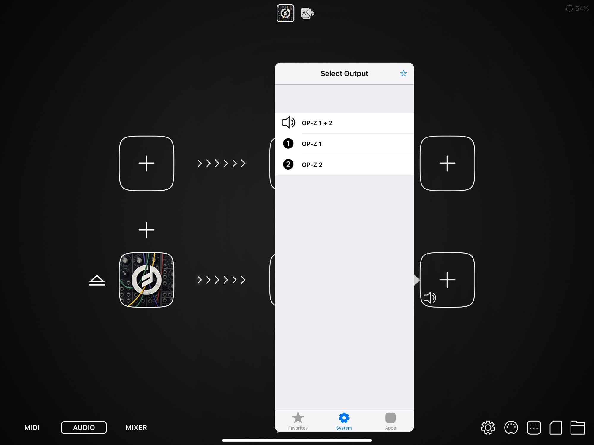 Voici l'OP-Z qui apparaît comme une interface audio dans AudioBus sur l'iPad.