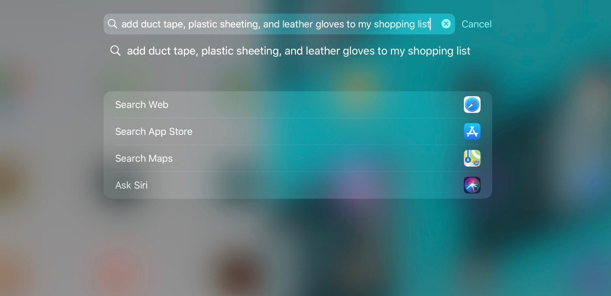   The new Ask Siri option of Spotlight. 