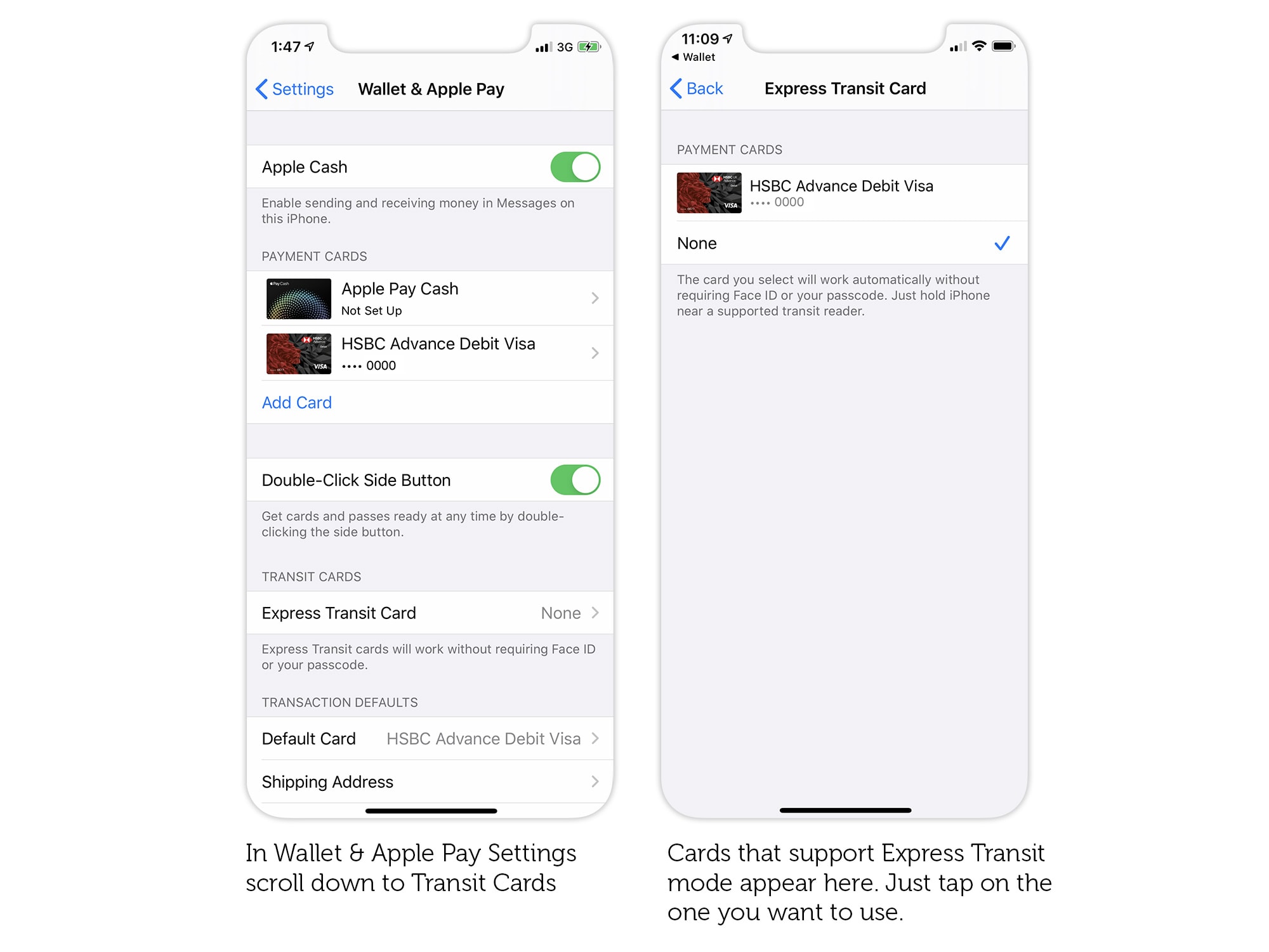 How to select an Express Transit card on iPhone