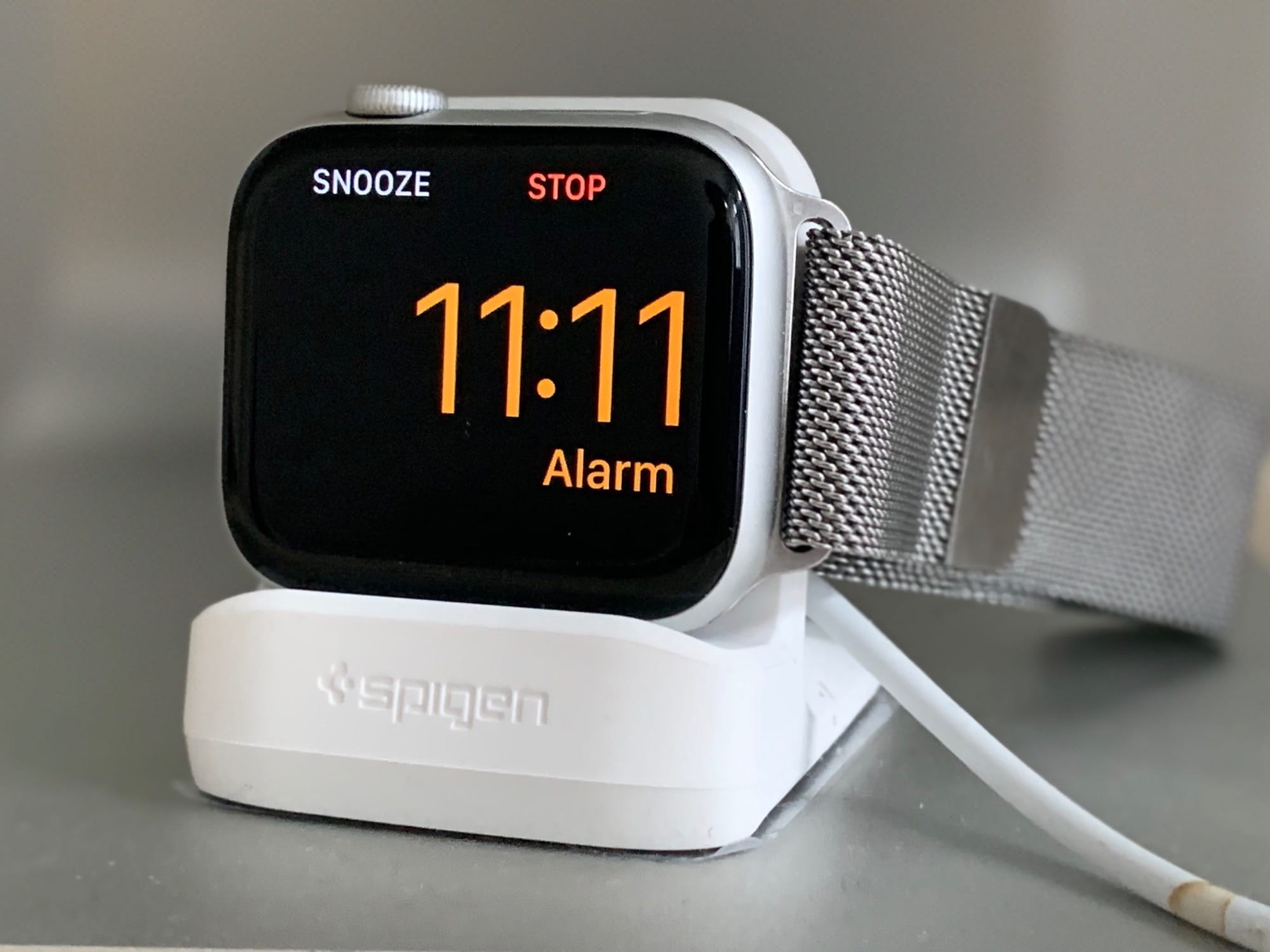 Snooze or stop an alarm in Apple Watch nightstand mode. 