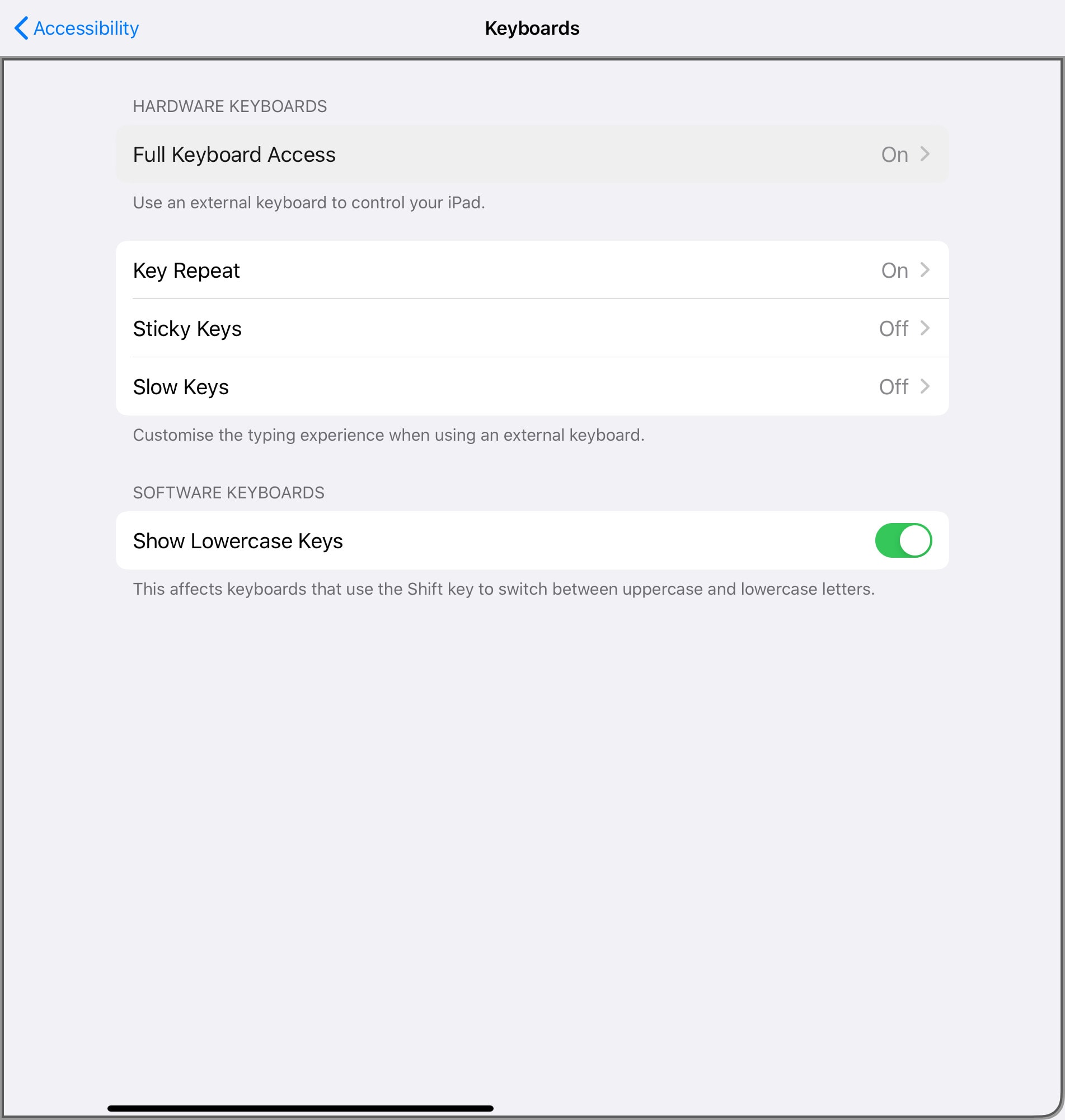 Switch on Full Keyboard Access in the Settings app.