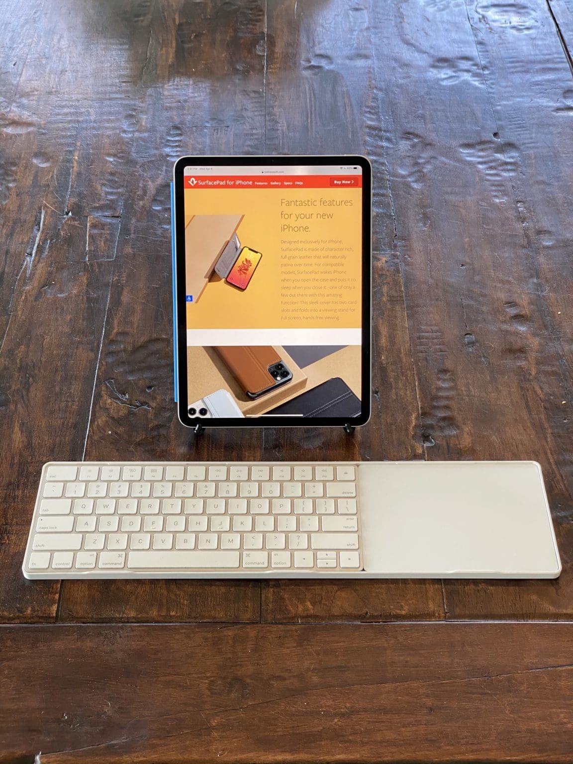 This portrait mode iPad setup is ready for serious keyboard and trackpad action.