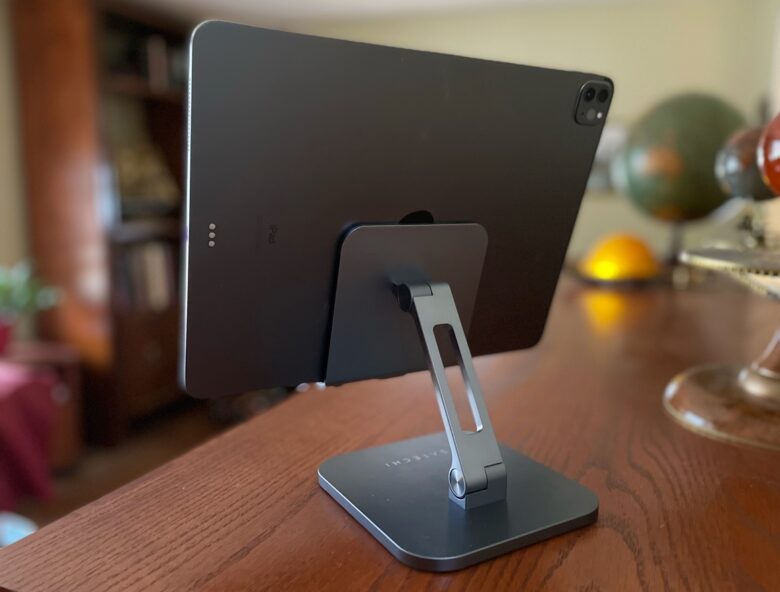 Two hinges allow Satechi Aluminum Desktop Stand to hold an iPad at a wide variety of angles.