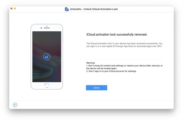 iToolab UnlockGo: iCloud activation lock bypassed.