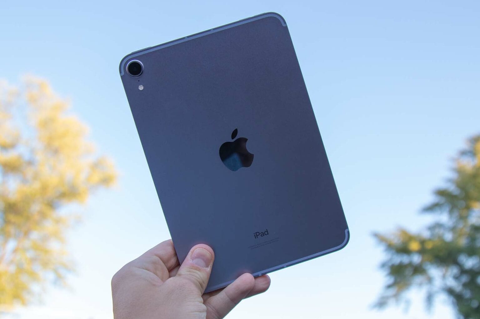 iPad mini in hand, held up to the sky